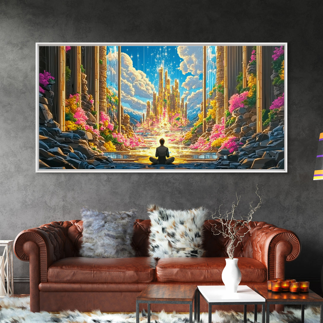 Meditating Figure Before Golden Celestial City Canvas Print, Fantasy Wall Art, Spiritual Decor, Meditation Room Art Gift