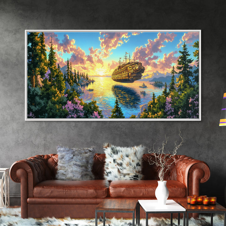 Steampunk Airship Over Sunset Forest Lake Framed Canvas Print, Fantasy Wall Art, Nature Decor, Cabin Living Room Art Gift
