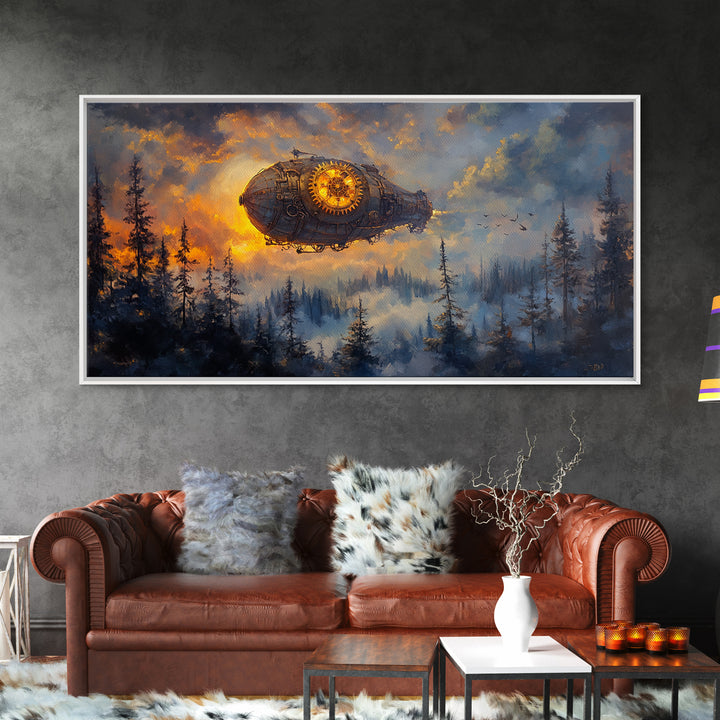 Moody Steampunk Airship Above Misty Pine Forest Canvas Print, Dark Fantasy Wall Art, Industrial Decor, Masculine Office Art