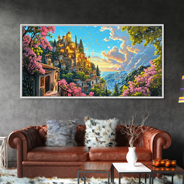 Golden Hilltop Castle With Pink Blossoms And Blue Valley Wall Art, Fantasy Canvas Print, Mediterranean Decor, Maximalist Art Gift