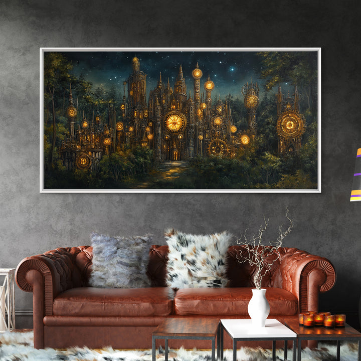 Clockwork Cathedral In Starry Forest Wall Art, Steampunk Fantasy City Canvas, Gothic Celestial Decor, Moody Office Print