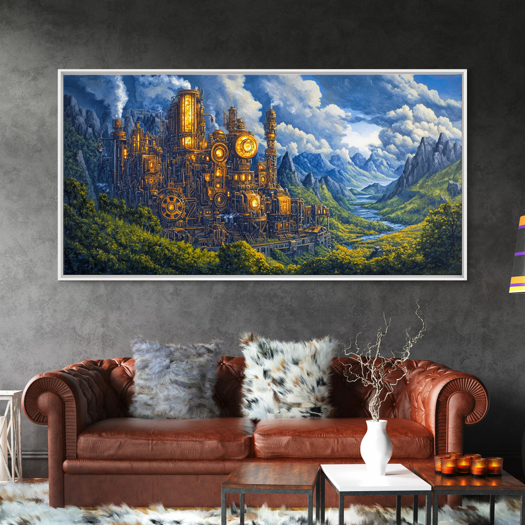 Steampunk Mountain Fortress Canvas Print, Industrial Fantasy Landscape Art, River Valley Wall Decor, Adventure Home Decor