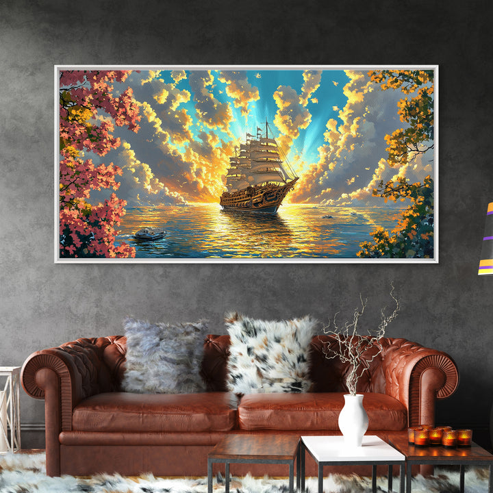 Golden Sailing Ship Canvas Print, Sunset Ocean Seascape Wall Art, Nautical Coastal Decor, Romantic Beach House Living Room Art