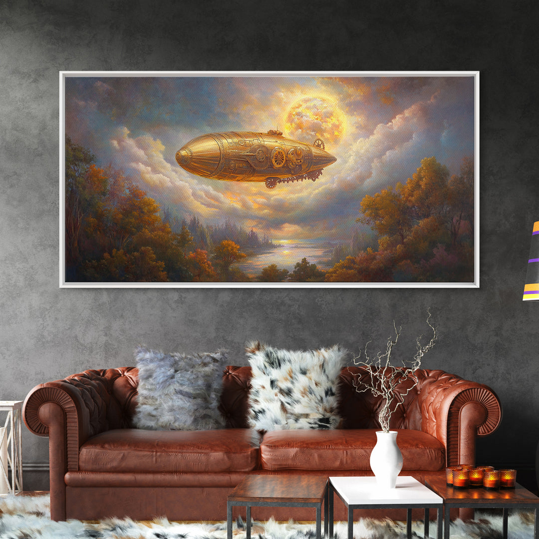 Golden Steampunk Airship Framed Canvas Print, Autumn River Landscape Wall Art, Celestial Moon Decor, Fantasy Office Art Print