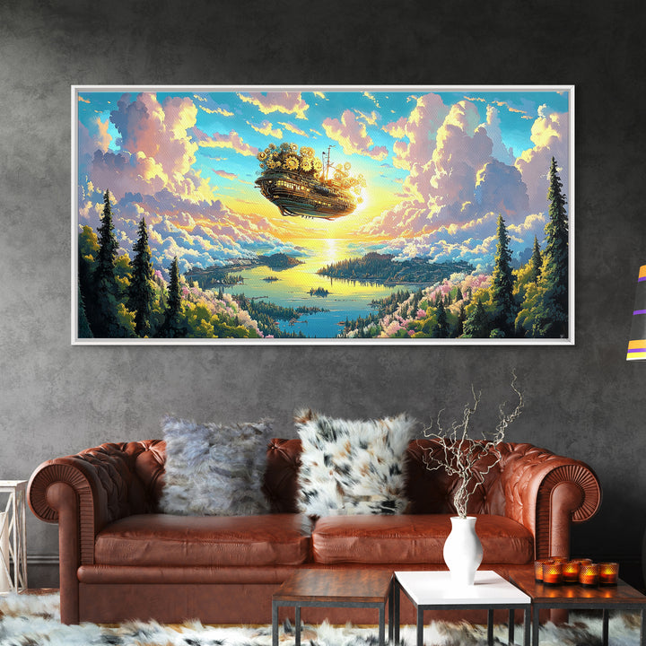 Floating Clockwork Island Canvas Print, Dreamy Lake Sunrise Wall Art, Pastel Cloud Fantasy Decor, Whimsical Home Decor Art
