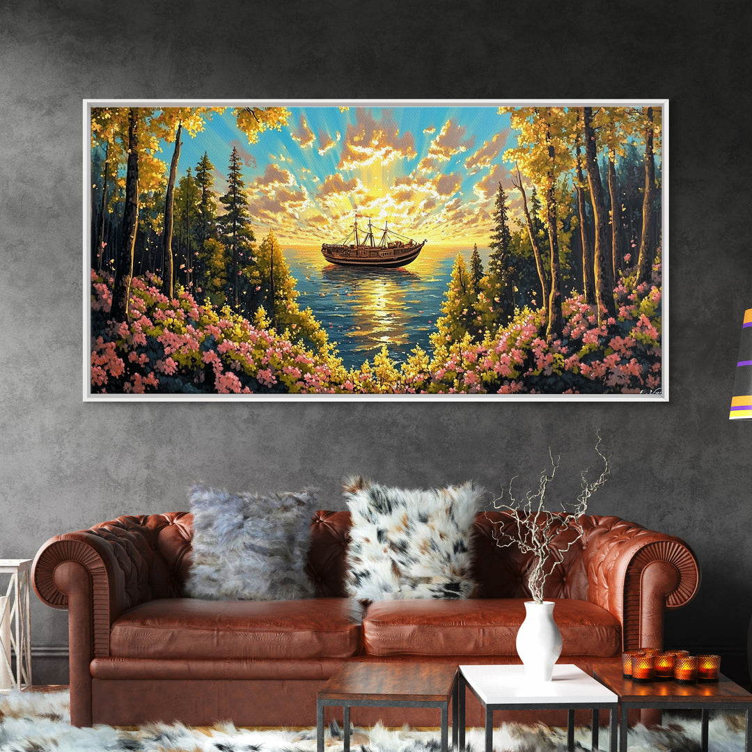Sunset Boat On Forest Lake Wall Art, Wildflower Coastal Landscape Canvas Print, Rustic Nature Home Decor, Cozy Cabin Art