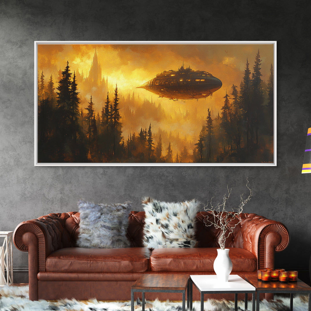 Golden Airship Over Pine Forest Wall Art, Dark Fantasy Castle Canvas Print, Moody Steampunk Landscape, Gothic Home Decor