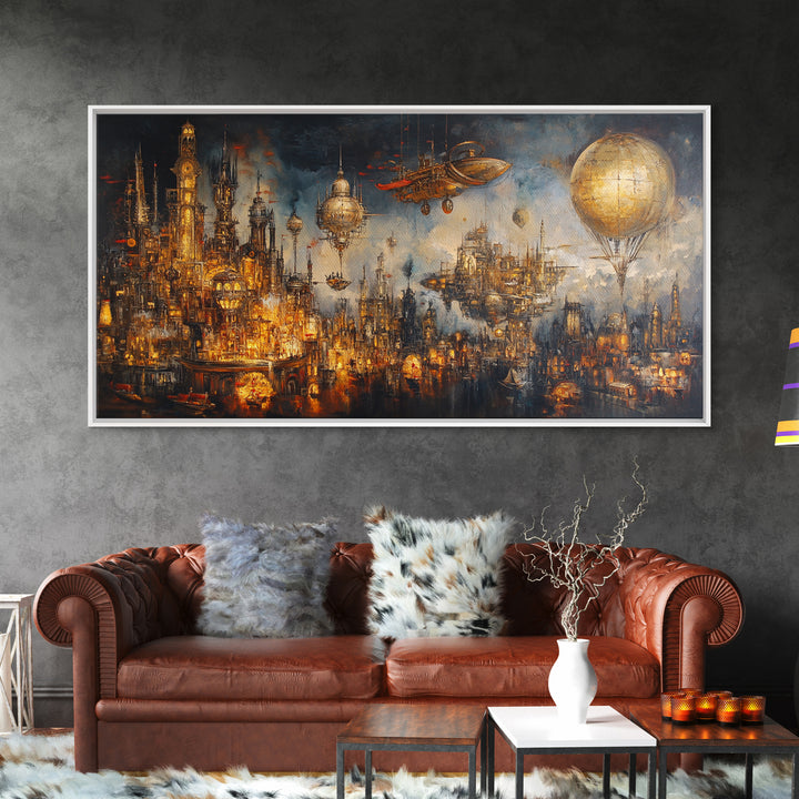 Steampunk Fantasy City With Airships Framed Canvas Print, Futuristic Wall Art, Dark Sci Fi Decor, Large Gothic Skyline Art
