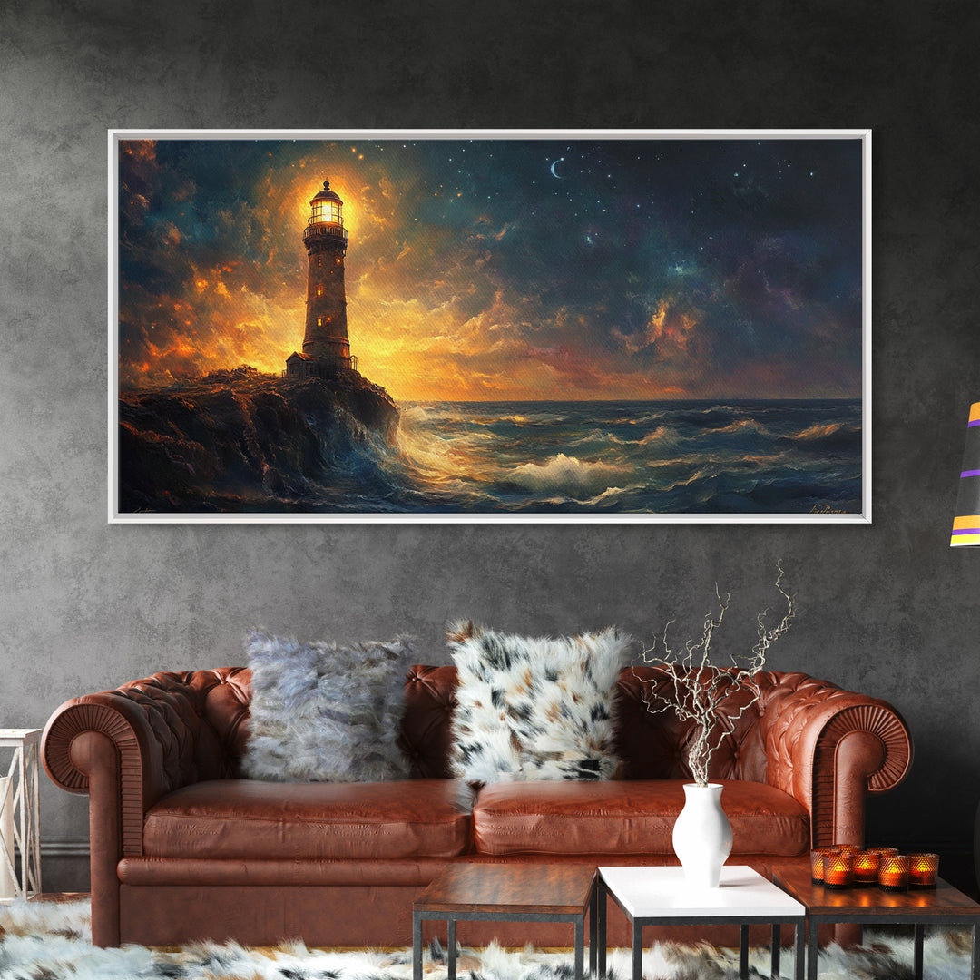 Stormy Lighthouse At Night Framed Canvas Print, Moody Seascape Wall Art, Coastal Decor, Ocean Painting, Gift For Him, Office Decor