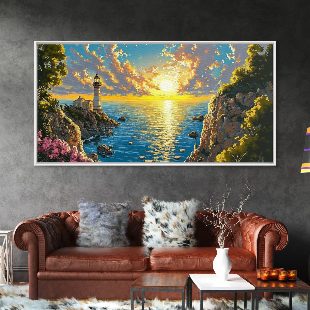 Golden Coastal Cove Lighthouse Canvas Print, Beach Wall Art, Ocean Sunset Painting, Nautical Decor, Living Room Wall Art