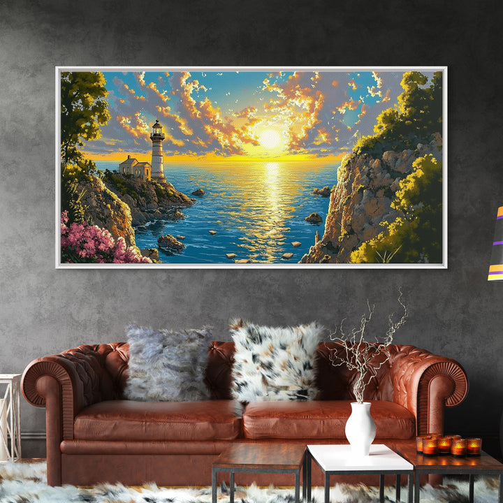 Golden Coastal Cove Lighthouse Canvas Print, Beach Wall Art, Ocean Sunset Painting, Nautical Decor, Living Room Wall Art
