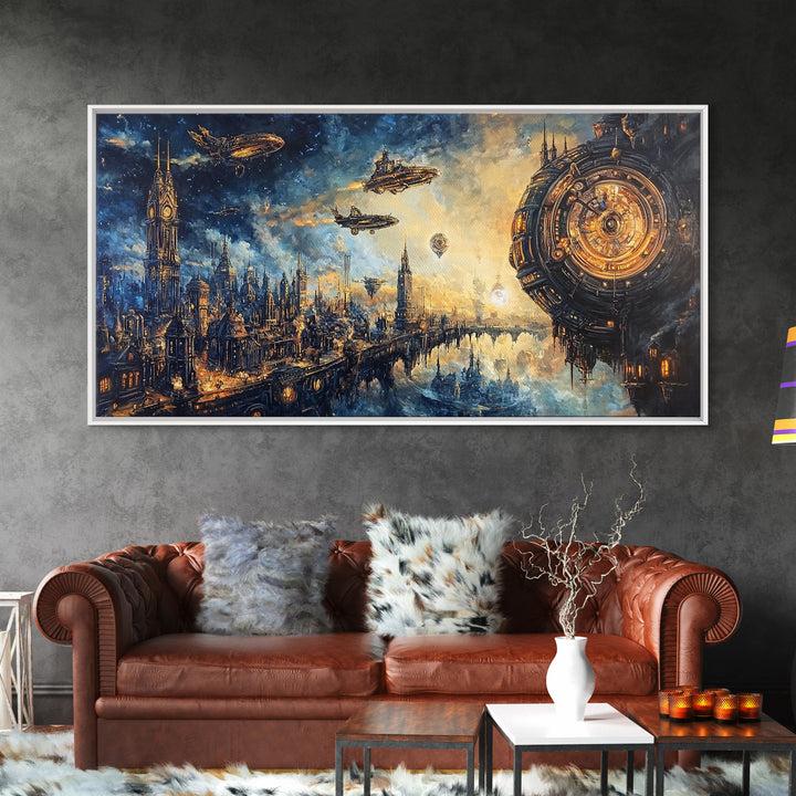Sci Fi Clockwork City With Airships Framed Canvas Print, Futuristic Wall Art, Space Decor, Cyberpunk Cityscape Art, Large Wall Art
