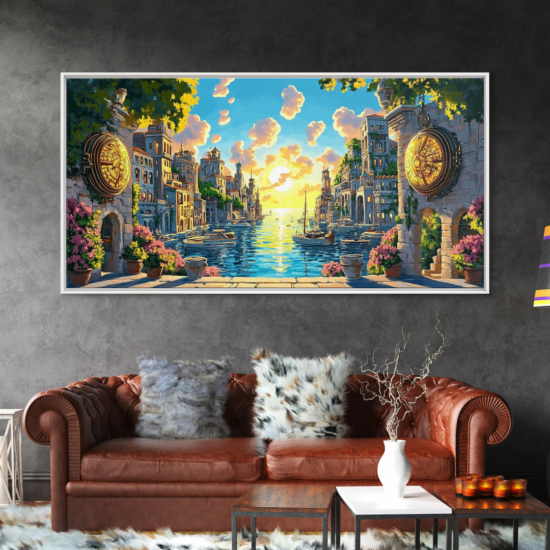 Glowing Canal City With Golden Portals Framed Canvas Print, Mediterranean Wall Art, Coastal Decor, Fantasy Landscape Art