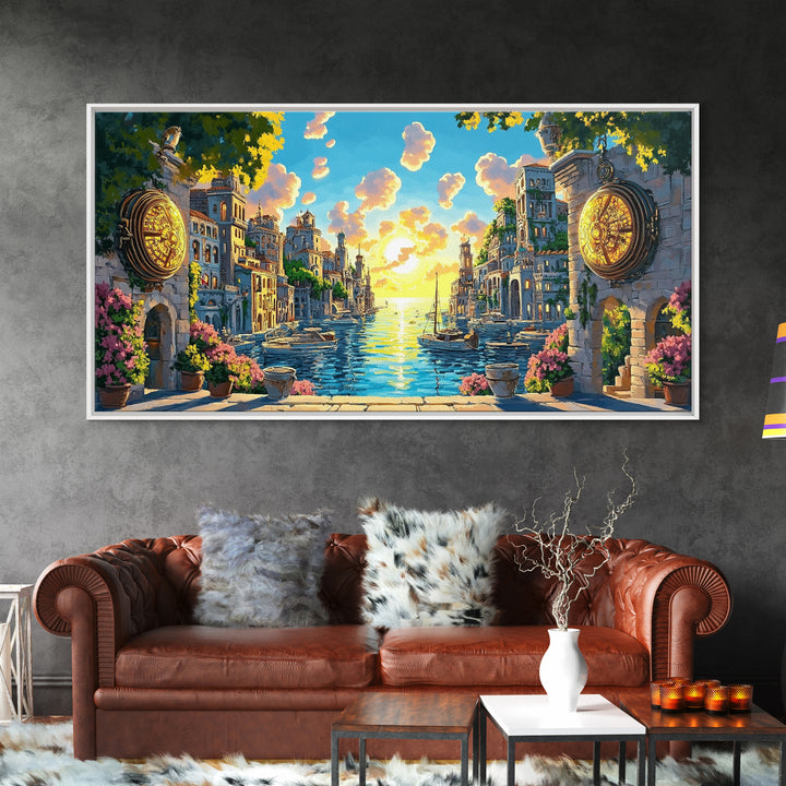Glowing Canal City With Golden Portals Framed Canvas Print, Mediterranean Wall Art, Coastal Decor, Fantasy Landscape Art