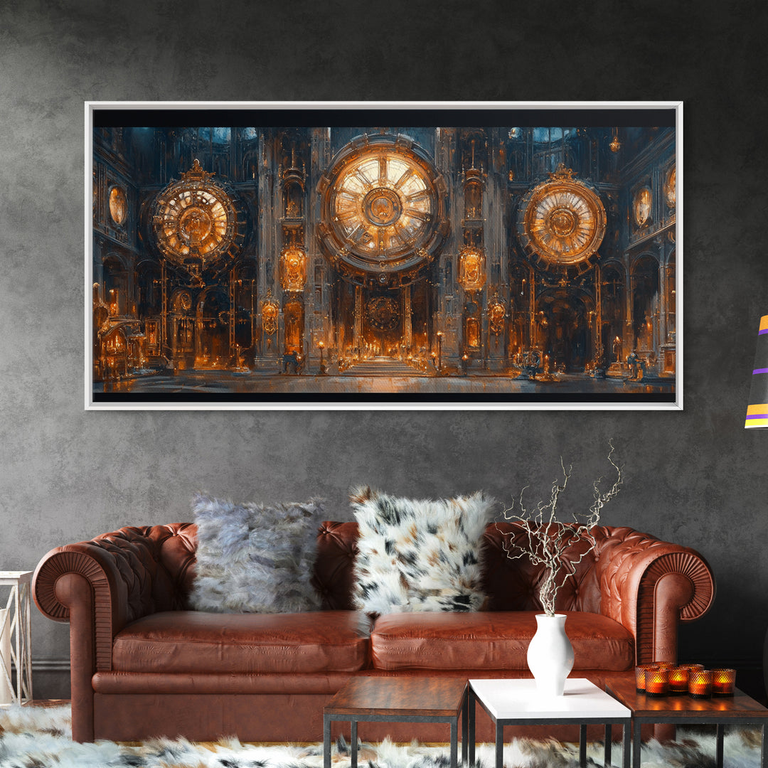 Ornate Steampunk Clock Hall Framed Canvas Print, Gothic Wall Art, Industrial Decor, Large Clockwork Interior Art, Office Decor