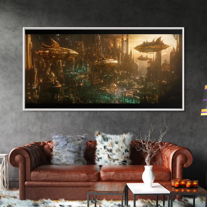 Golden Futuristic City With Airships Canvas Print, Cyberpunk Wall Art, Sci Fi Decor, Dark Fantasy Skyline, Large Wall Art