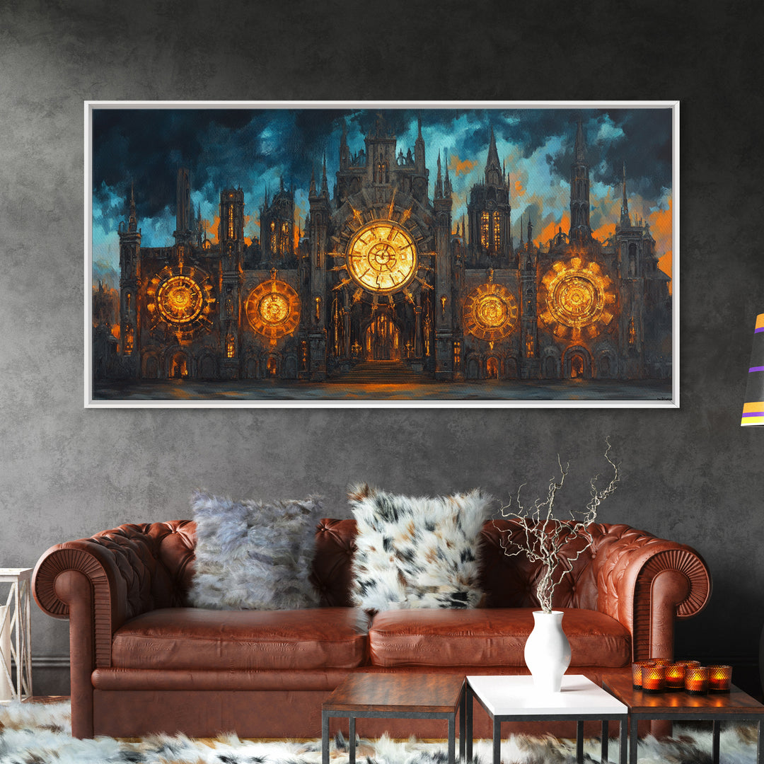 Gothic Clockwork Cathedral With Glowing Clocks Framed Canvas Print, Dark Academia Wall Art, Steampunk Decor, Large Wall Art