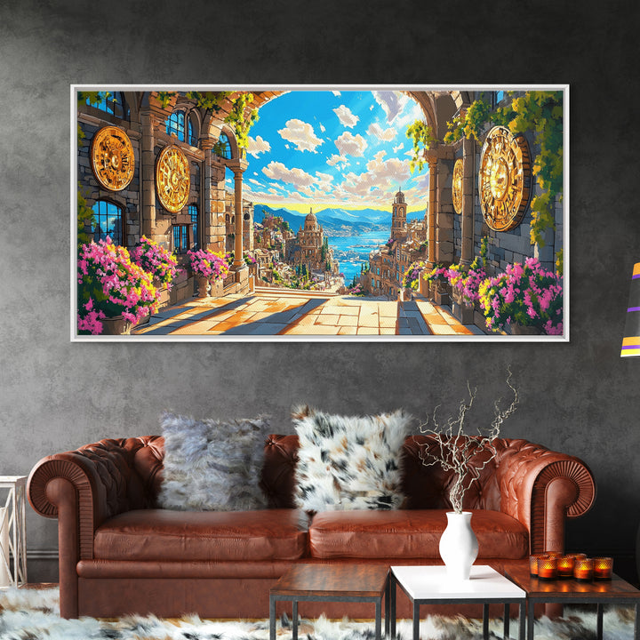 Sunlit Mediterranean Archway And Floral Coastal City Wall Art, Fantasy Italy Seascape Print, Large Travel Decor Home Decor Canvas Print