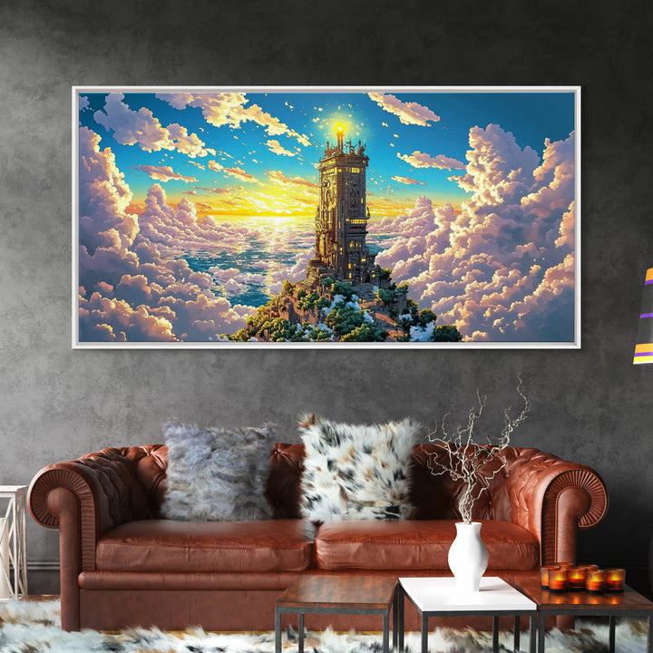 Golden Tower Above The Clouds Canvas Print, Fantasy Sky Castle Wall Art, Celestial Sunset Landscape For Living Room Decor