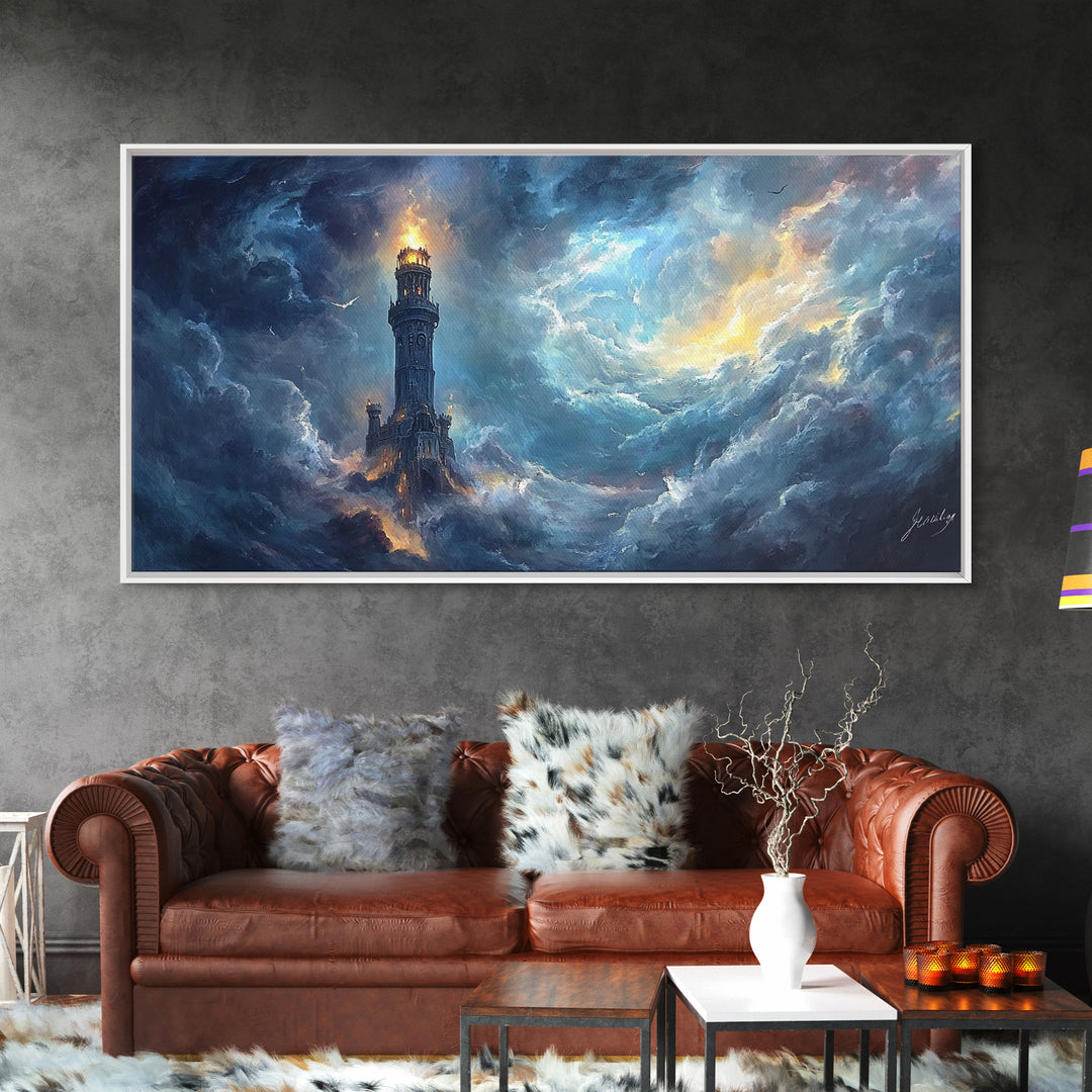 Stormy Lighthouse In Rolling Clouds Framed Canvas Print, Moody Seascape Wall Art, Dark Fantasy Ocean Decor For Living Room