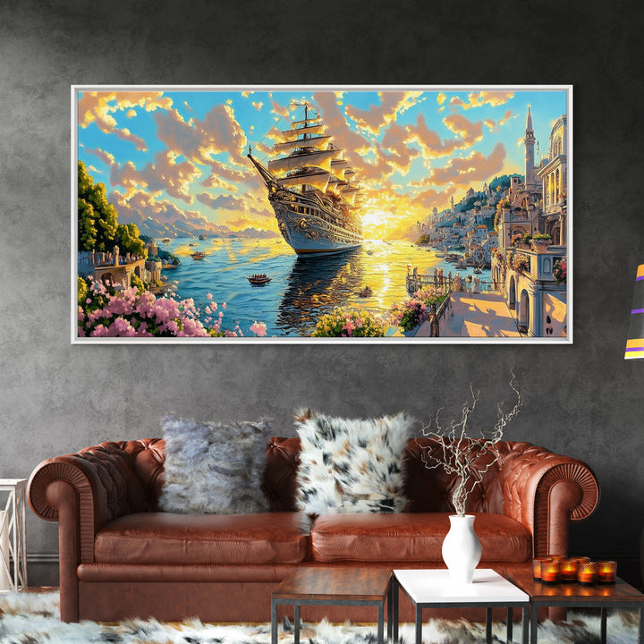 Golden Sailing Ship At Sunset Framed Canvas Print, Amalfi Coast Wall Art, Mediterranean Seascape Large Coastal Travel Home Decor