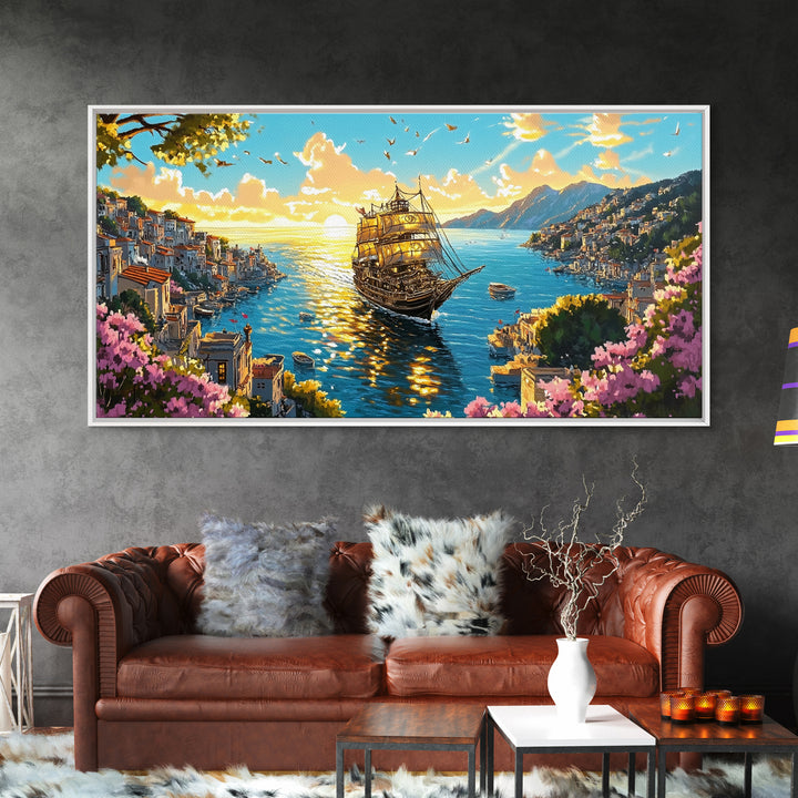 Ornate Ship In Sunlit Harbor Canvas Print, Mediterranean Coastal Wall Art, Floral Seascape Travel Home Decor For Living Room