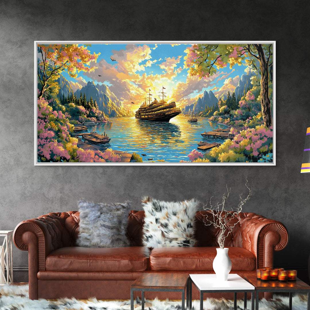 Mountain Lake With Blooming Flowers Wall Art, Fantasy Sailing Ship Canvas Print, Colorful Nature Landscape Large Home Decor