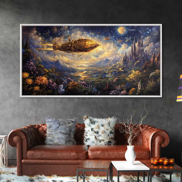 Golden Airship Over Moonlit Castle Valley Framed Canvas Print, Celestial Fantasy Wall Art, Steampunk Landscape Decor For Living Room