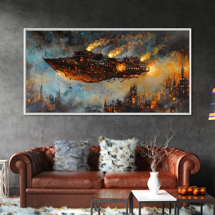Dark Steampunk Airship Above Industrial City Canvas Print, Sci Fi Fantasy Wall Art, Moody Urban Living Room Decor For Home Office