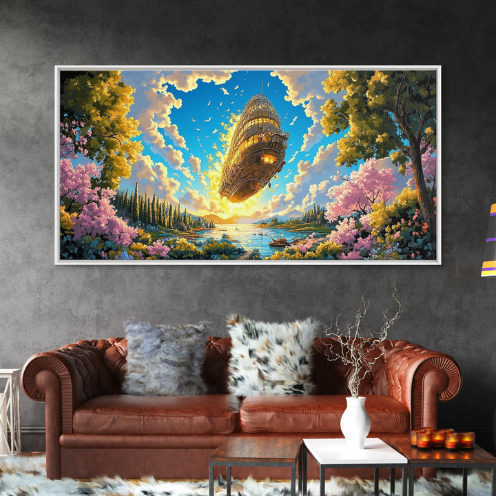 Golden Steampunk Airship Over Blossom Lake Canvas Print, Large Fantasy Landscape Wall Art, Whimsical Coastal Home Decor Gift