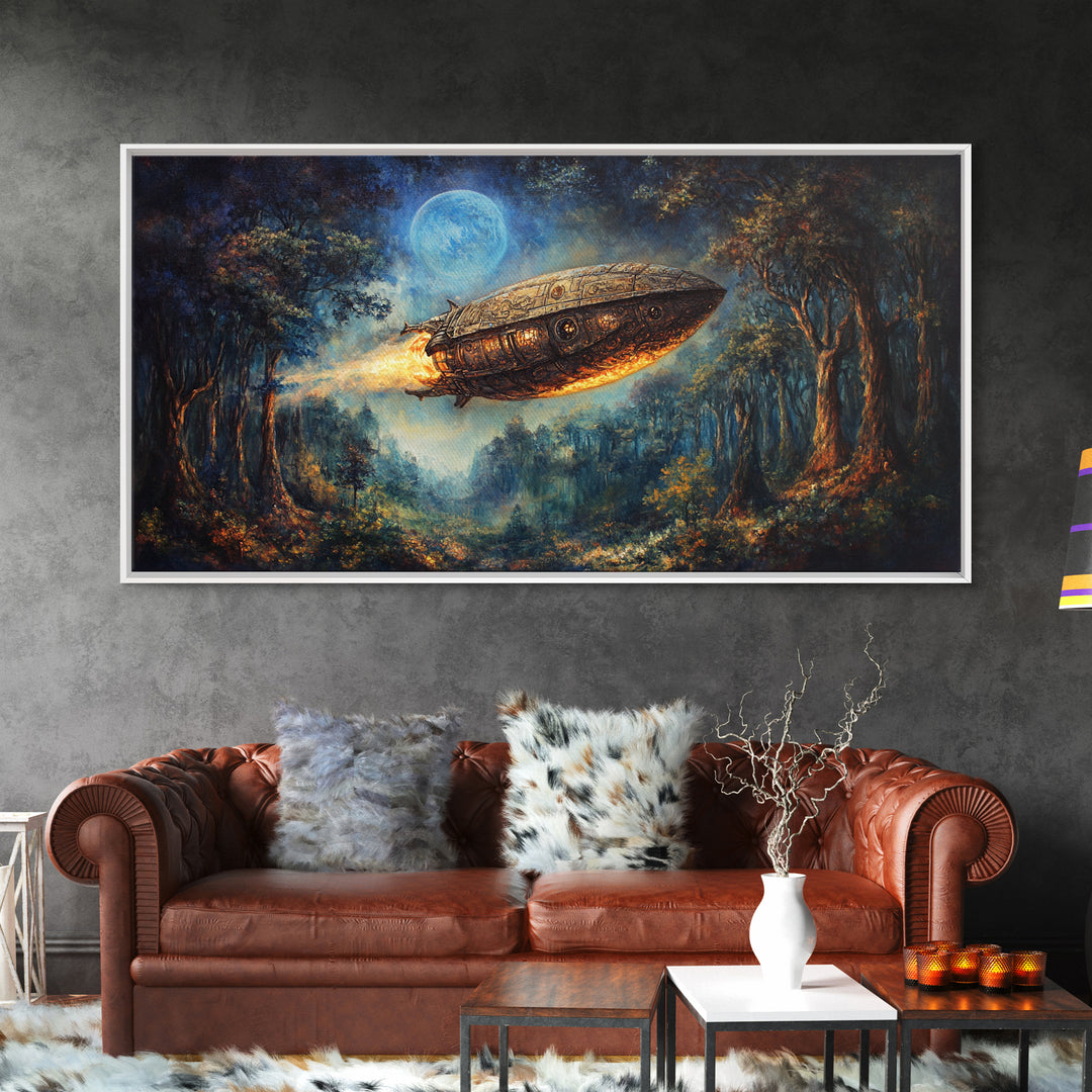 Moonlit Steampunk Airship In Dark Forest Framed Canvas Print, Fantasy Wall Art, Moody Gothic Living Room And Office Decor