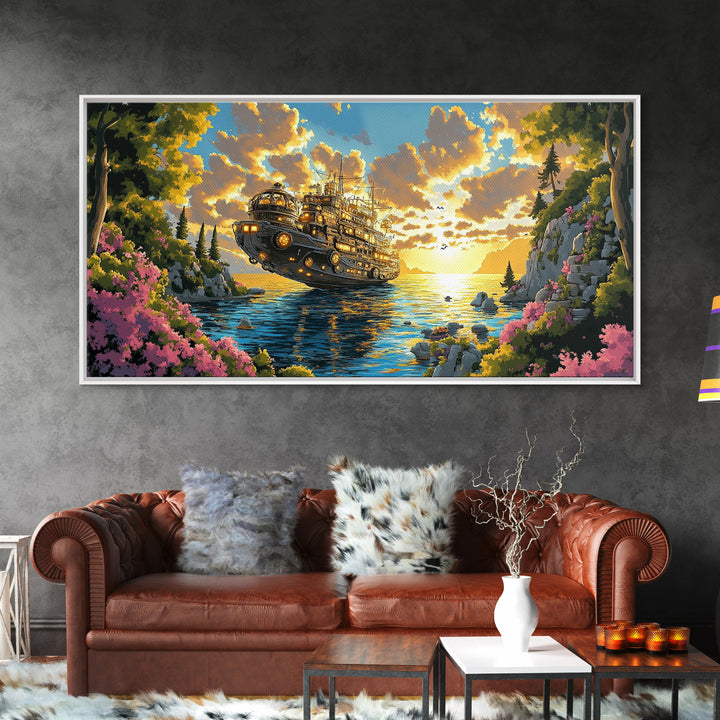 Mechanical Steampunk Ship On Sunlit Mountain Lake Canvas Print, Fantasy Wall Art, Colorful Coastal Living Room Decor Gift