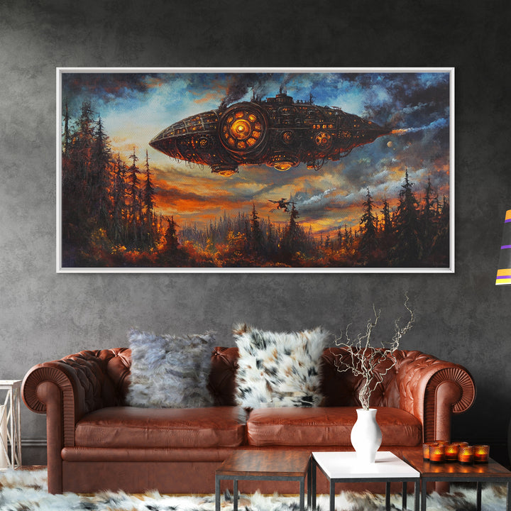 Dark Steampunk Airship Above Pine Forest Sunset Framed Canvas Print, Dystopian Sci Fi Wall Art, Moody Living Room Office Decor