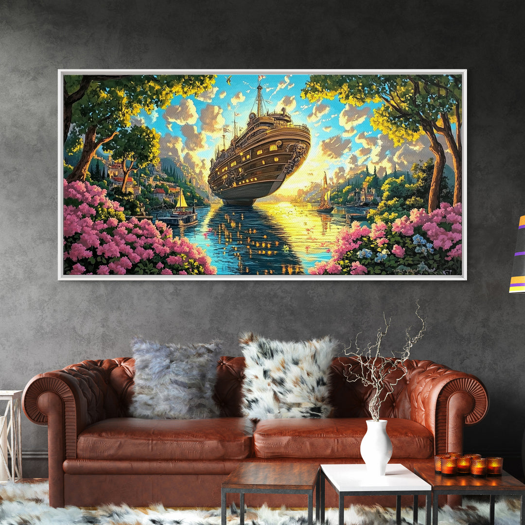 Ornate Floating Ship In Garden Harbor Canvas Print, Whimsical Fantasy Coastal Wall Art, Bright Lake House Living Room Decor