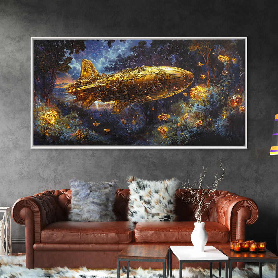 Golden Rocket Airship In Enchanted Night Forest Framed Canvas Print, Fantasy Wall Art, Firefly Woodland Decor For Bedroom