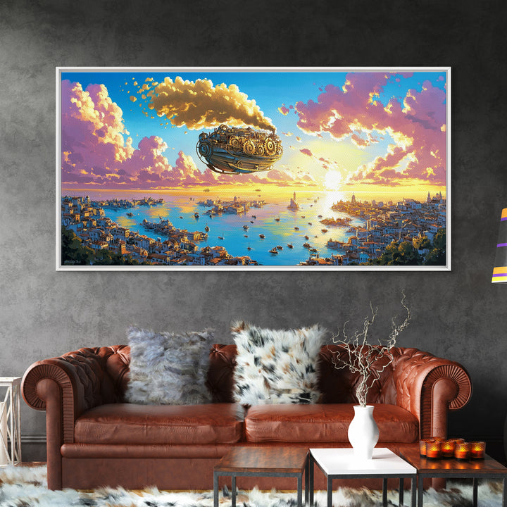 Pastel Steampunk Airship Over Coastal City Sunrise Canvas Print, Fantasy Travel Wall Art, Colorful Mediterranean Home Decor