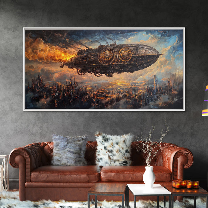 Industrial Steampunk Airship Over Dystopian City Framed Canvas Print, Sci Fi Wall Art, Dark Futuristic Living Room Office Decor