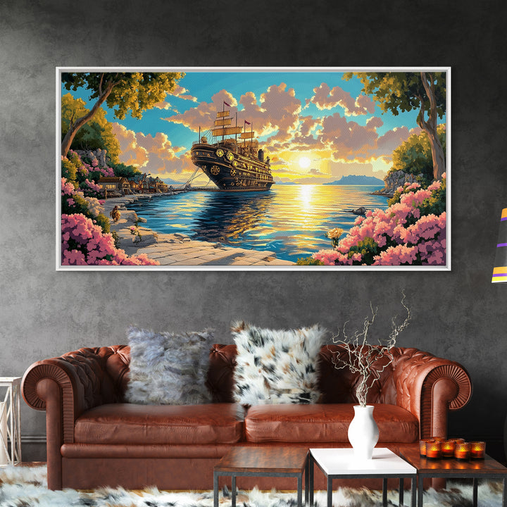 Ornate Steampunk Ship Docked In Flower Harbor Canvas Print, Fantasy Coastal Wall Art, Golden Sunset Living Room Decor Gift