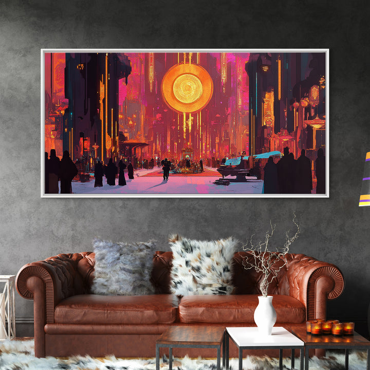 Neon Cyberpunk City With Golden Sun Disc Canvas Print, Futuristic Wall Art For Gaming Room And Modern Office Decor, Home Decor