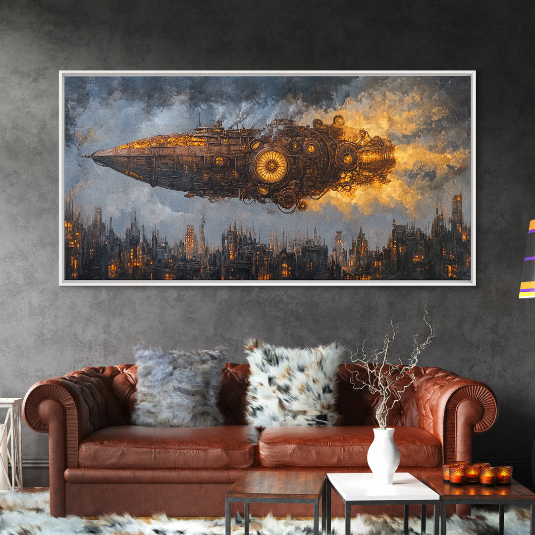 Steampunk Starship Over Smoky Dystopian Skyline Framed Canvas Print, Sci Fi Wall Art For Industrial Office And Man Cave Decor