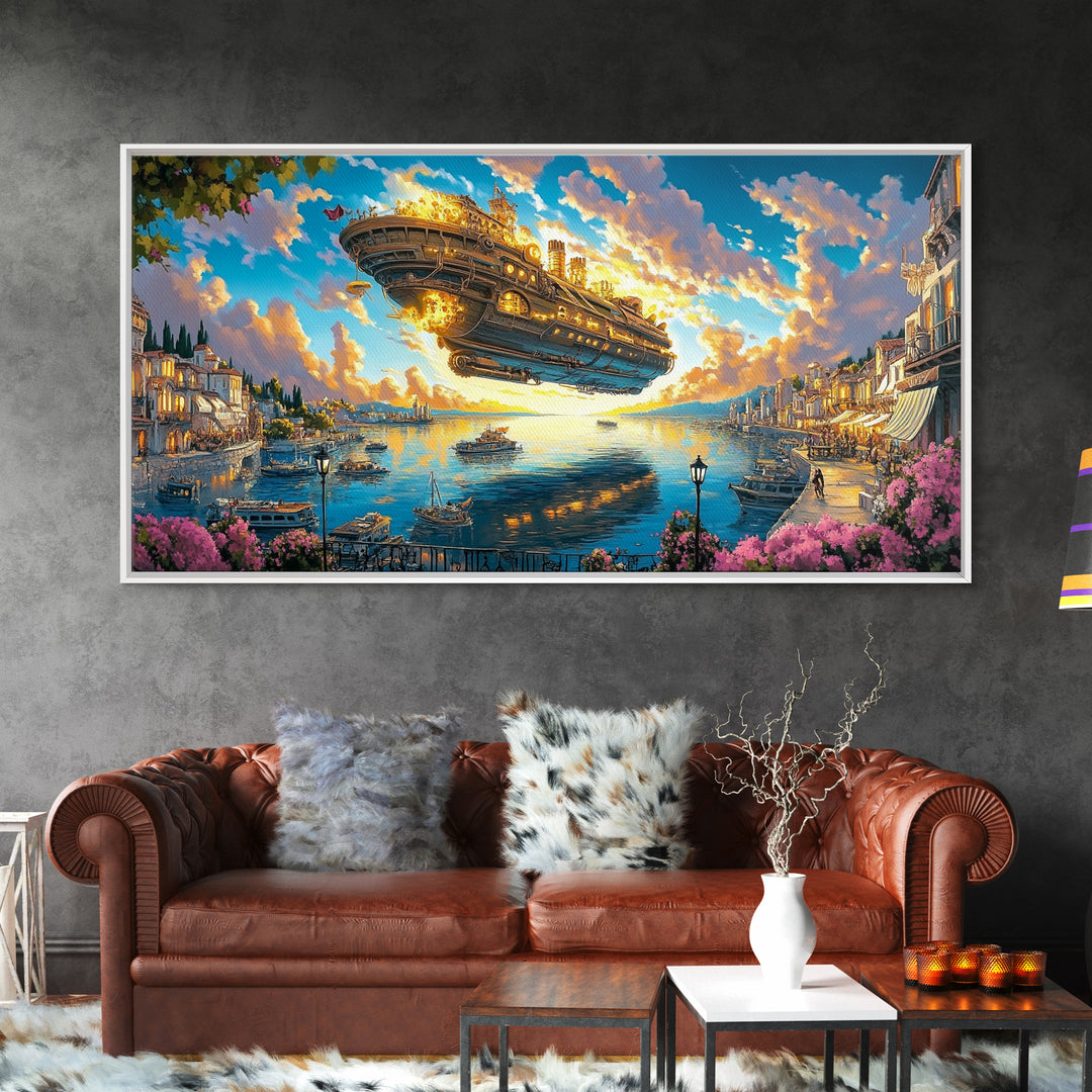 Golden Airship Above Mediterranean Harbor Canvas Print, Fantasy Travel Wall Art For Coastal Decor And Elegant Living Room Decor