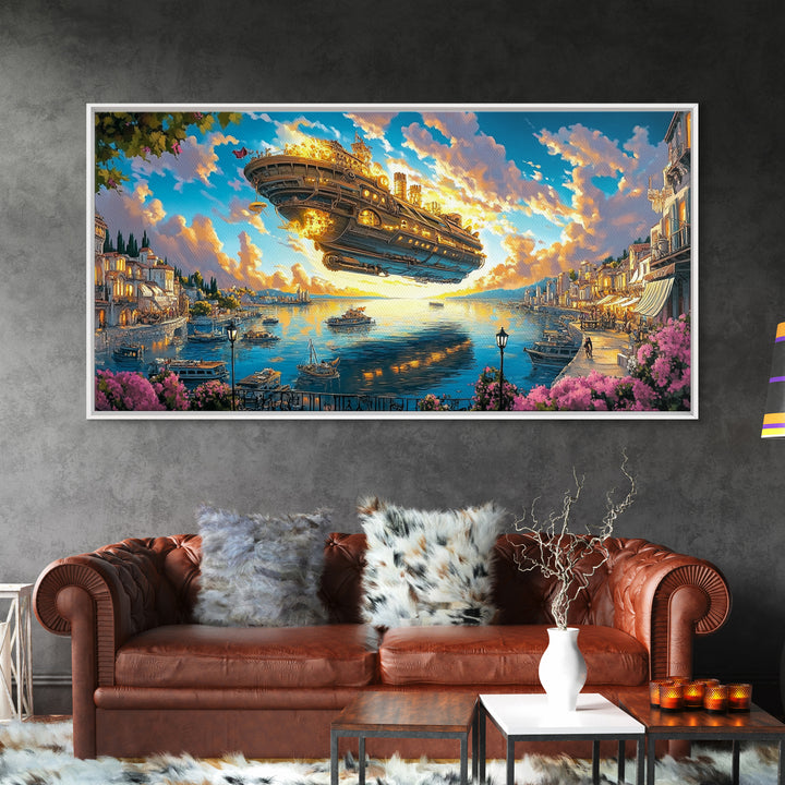 Golden Airship Above Mediterranean Harbor Canvas Print, Fantasy Travel Wall Art For Coastal Decor And Elegant Living Room Decor