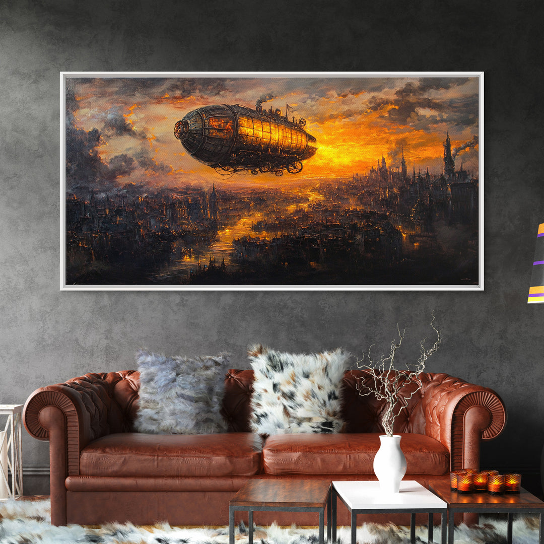 Moody Steampunk Airship At Fiery Sunset Framed Canvas Print, Dystopian City Wall Art For Gothic Office And Masculine Decor