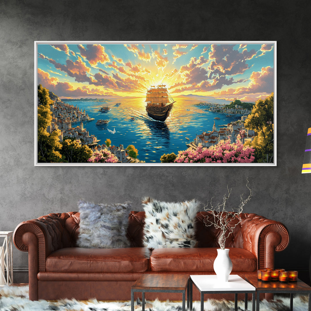 Radiant Tall Ship Sailing Into Golden Sunset Canvas Print, Nautical Wall Art For Coastal Living Room And Beach House Decor