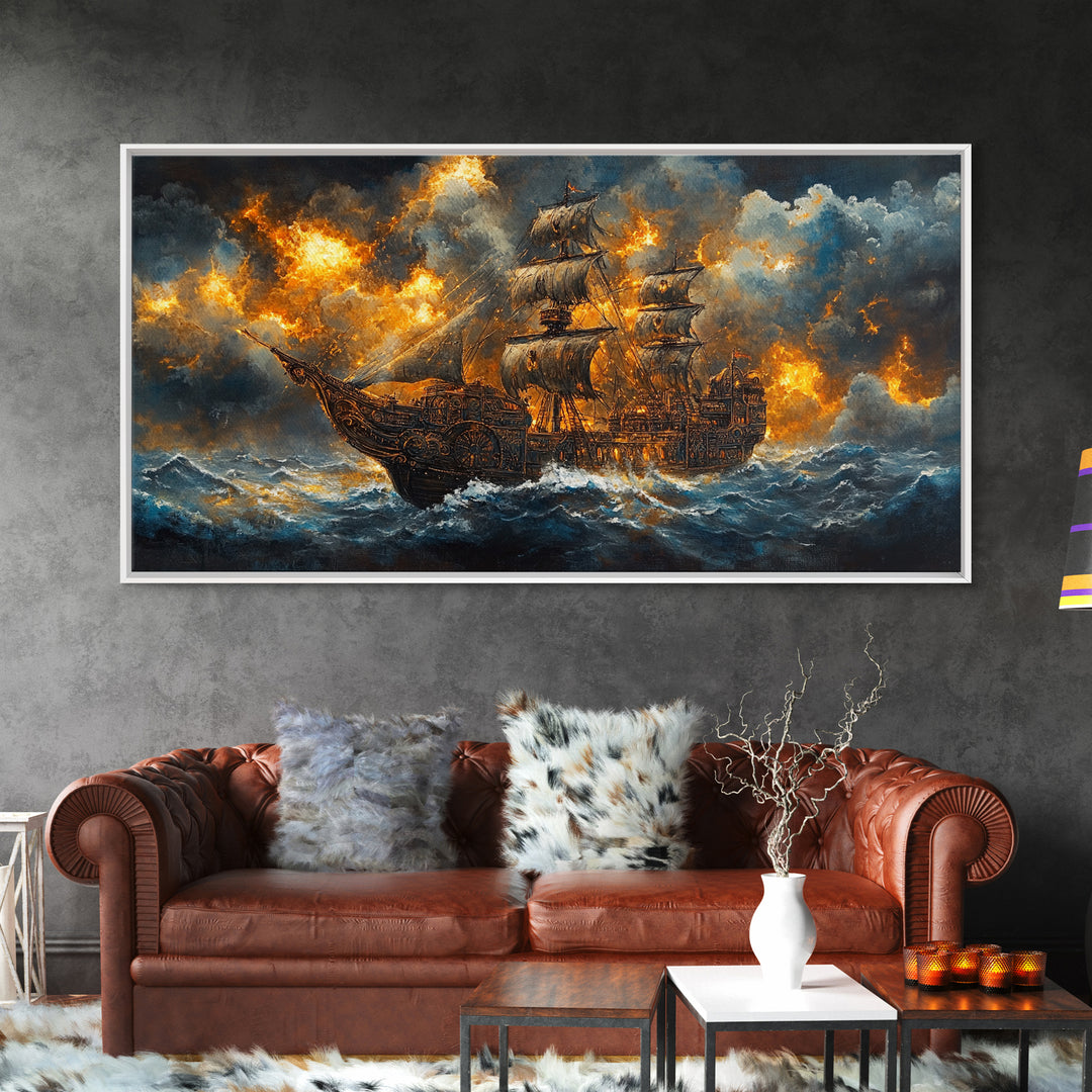 Stormy Pirate Ship In Fiery Seas Framed Canvas Print, Dramatic Nautical Wall Art For Gothic Decor And Fantasy Home Decor