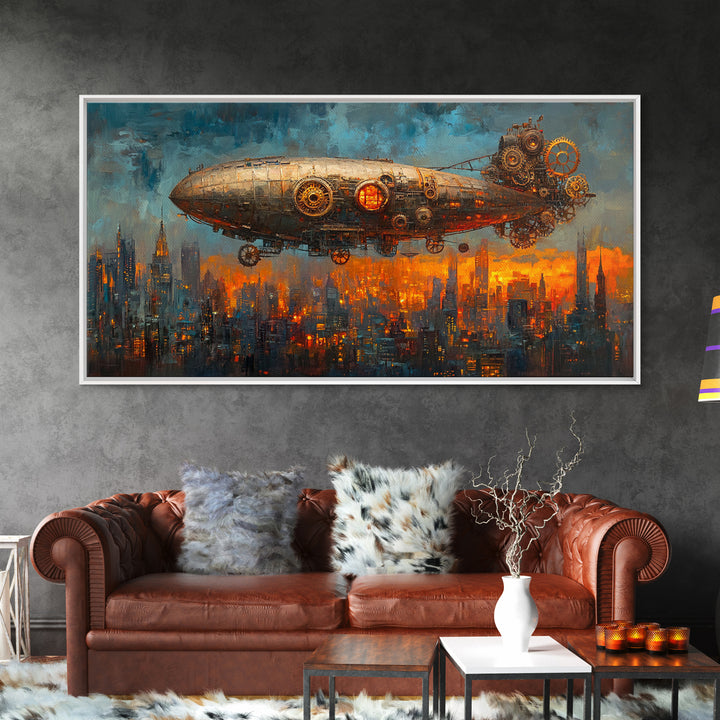 Industrial Steampunk Zeppelin Over Orange City Canvas Print, Futuristic Wall Art For Sci Fi Office Decor And Urban Home Decor