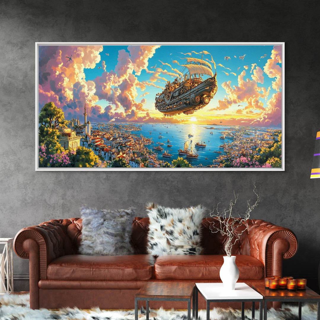 Flying Galleon Above Sunlit Coastal City Canvas Print, Whimsical Fantasy Wall Art For Travel Decor And Bright Living Room