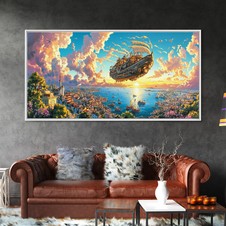 Flying Galleon Above Sunlit Coastal City Canvas Print, Whimsical Fantasy Wall Art For Travel Decor And Bright Living Room
