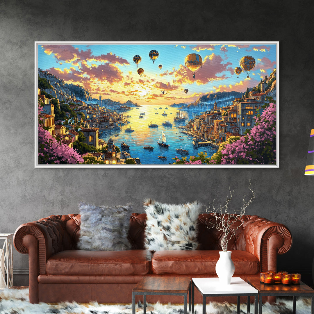 Hot Air Balloons Over Golden Harbor Canvas Print, Whimsical Coastal Wall Art For Travel Inspired Decor And Living Room Decor