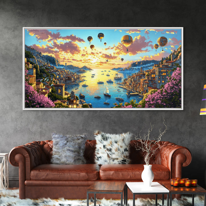 Hot Air Balloons Over Golden Harbor Canvas Print, Whimsical Coastal Wall Art For Travel Inspired Decor And Living Room Decor